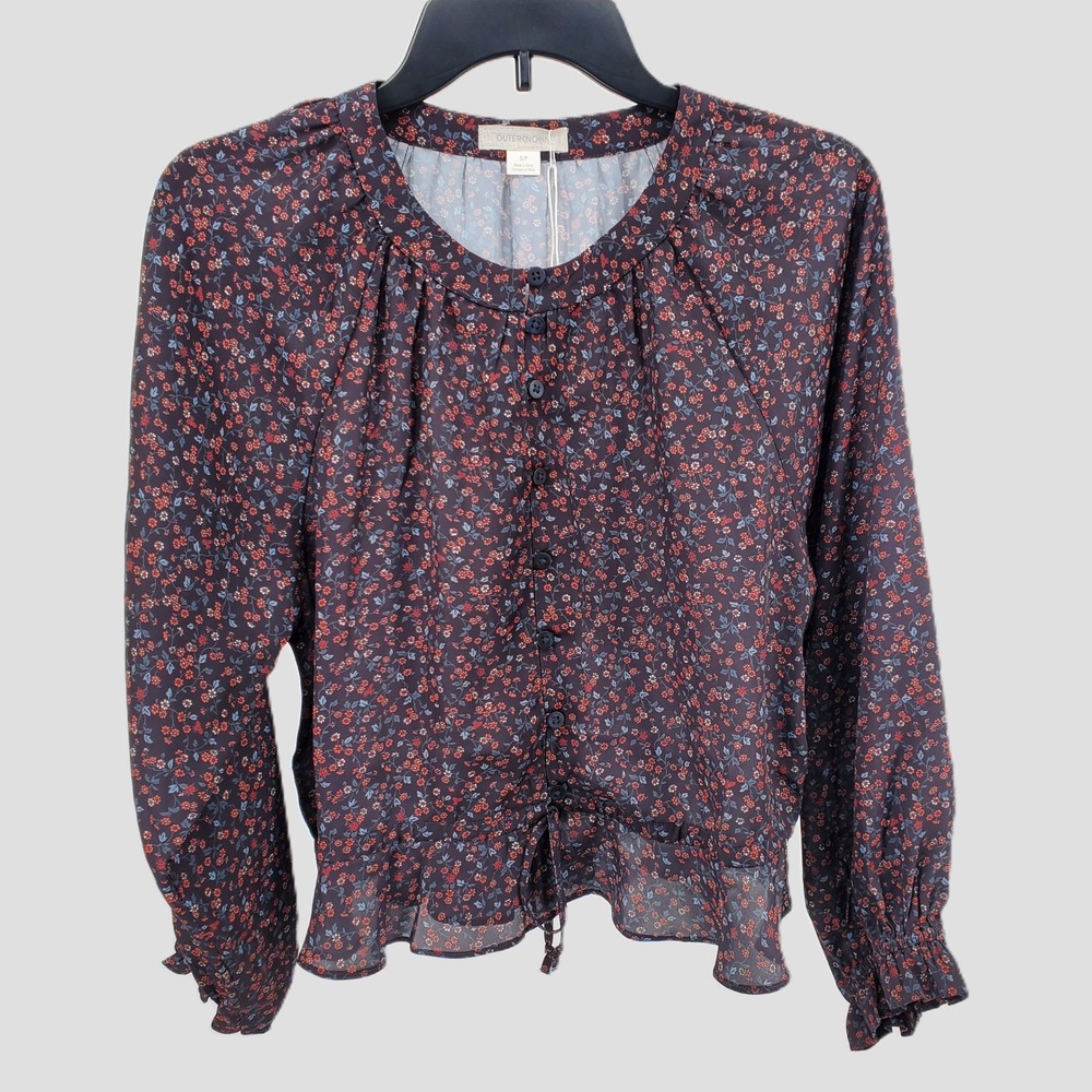 Outerknown Floral Poet Long Ruffle Sleeve Peplum Blouse Indigo Mariquita Size S‎
